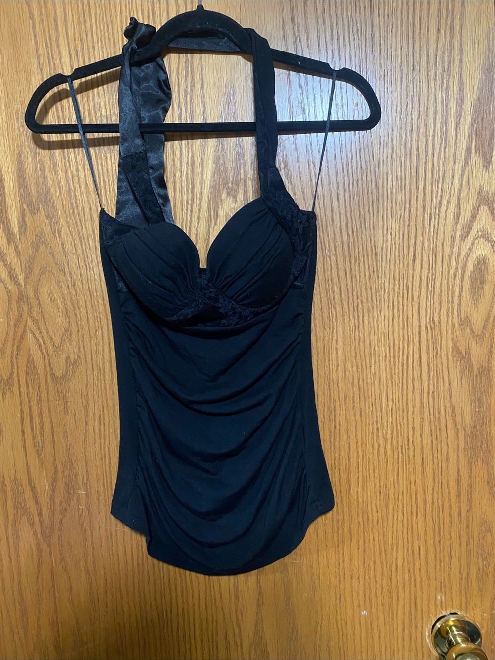 Black Ruched Halter Top with satin like neck tie